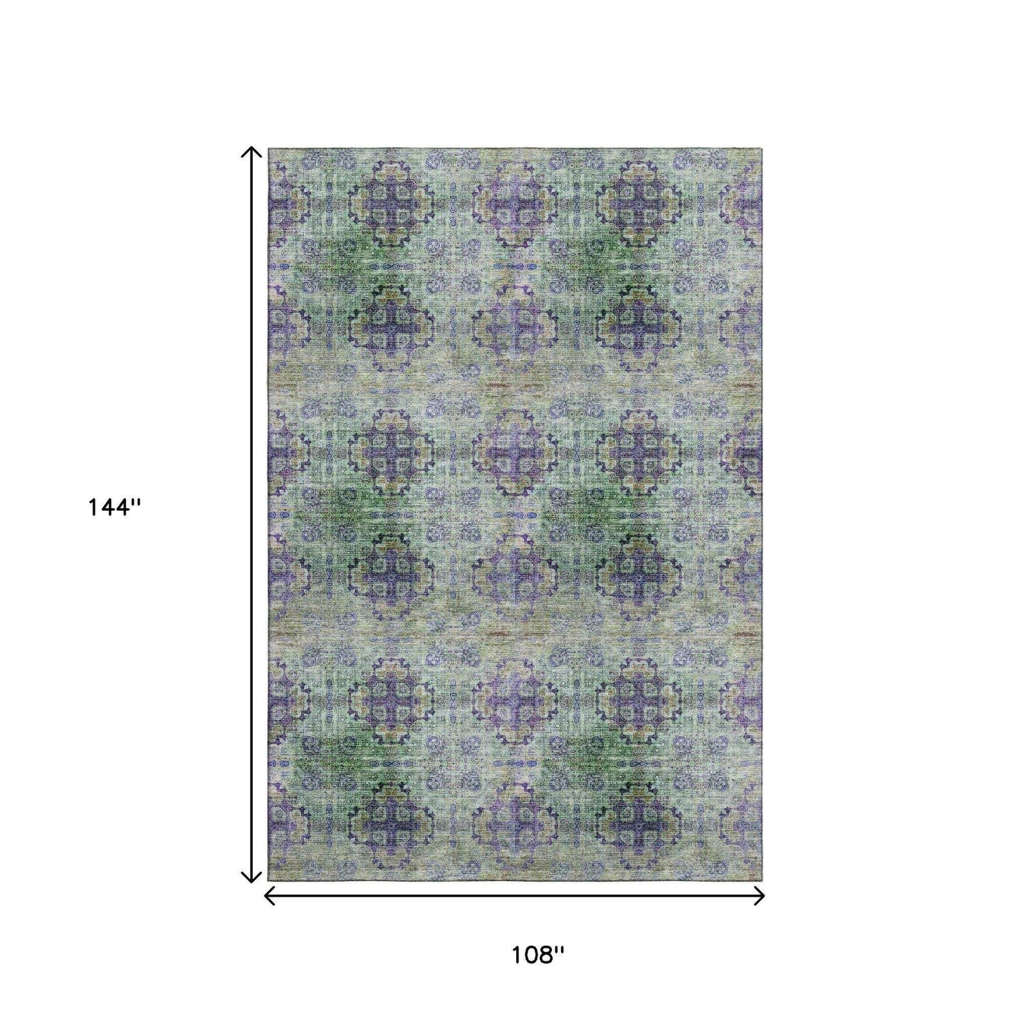 9' X 12' Purple Green And Ivory Floral Medallion Distressed Washable Area Rug With UV Protection - HomeRoots - Flyclothing LLC