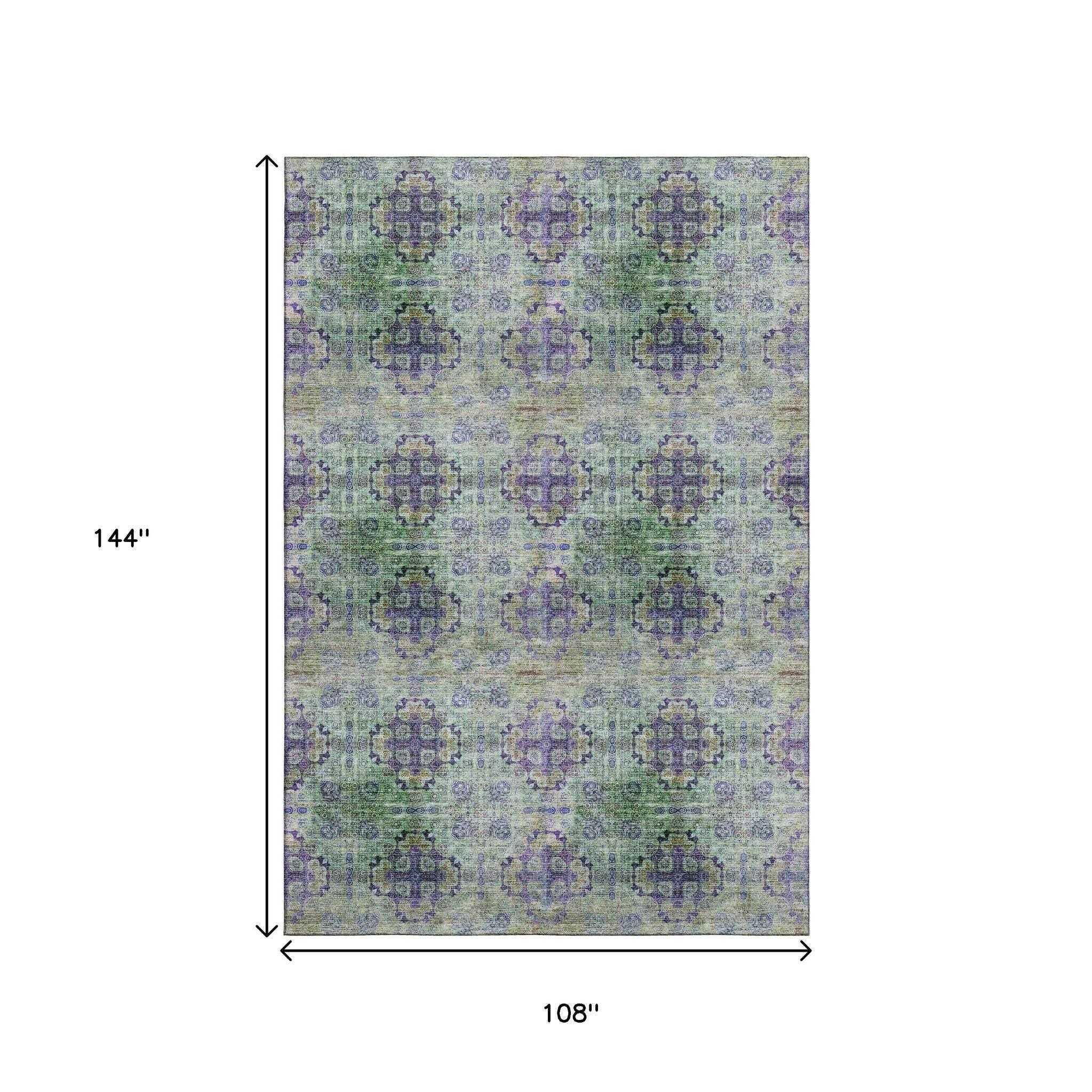 9' X 12' Purple Green And Ivory Floral Medallion Distressed Washable Area Rug With UV Protection - HomeRoots - Flyclothing LLC