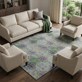 9' X 12' Purple Green And Ivory Floral Medallion Distressed Washable Area Rug With UV Protection - HomeRoots - Flyclothing LLC