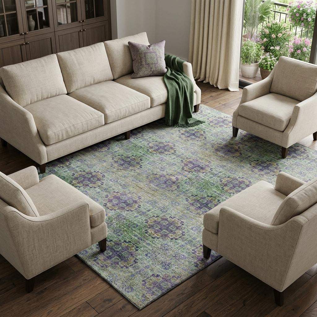 9' X 12' Purple Green And Ivory Floral Medallion Distressed Washable Area Rug With UV Protection - HomeRoots - Flyclothing LLC