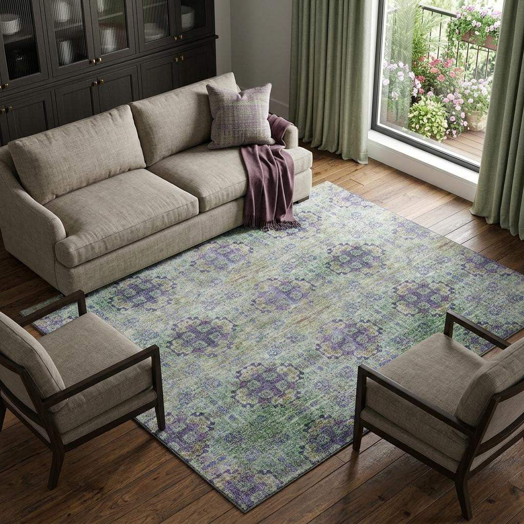 10' X 14' Purple Green And Ivory Floral Medallion Distressed Washable Area Rug With UV Protection - HomeRoots - Flyclothing LLC