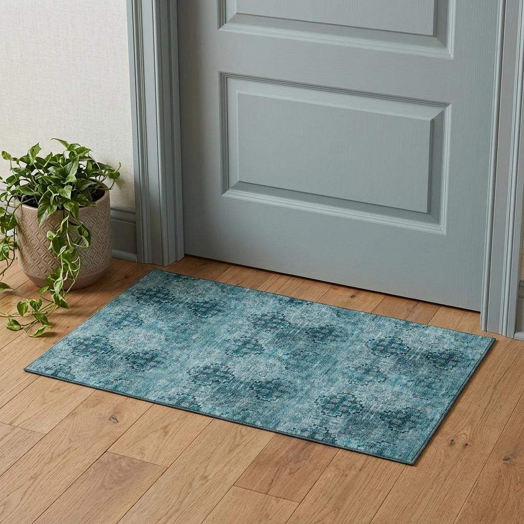 3' X 5' Teal And Ivory Floral Medallion Distressed Washable Area Rug With UV Protection - HomeRoots - Flyclothing LLC