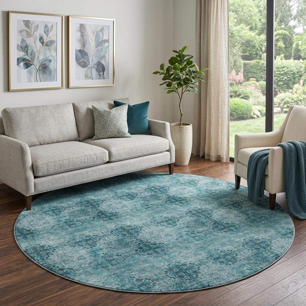 8' Teal And Ivory Floral Medallion Distressed Washable Round Rug With UV Protection - HomeRoots - Flyclothing LLC
