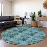 8' Teal And Ivory Floral Medallion Distressed Washable Round Rug With UV Protection - HomeRoots - Flyclothing LLC