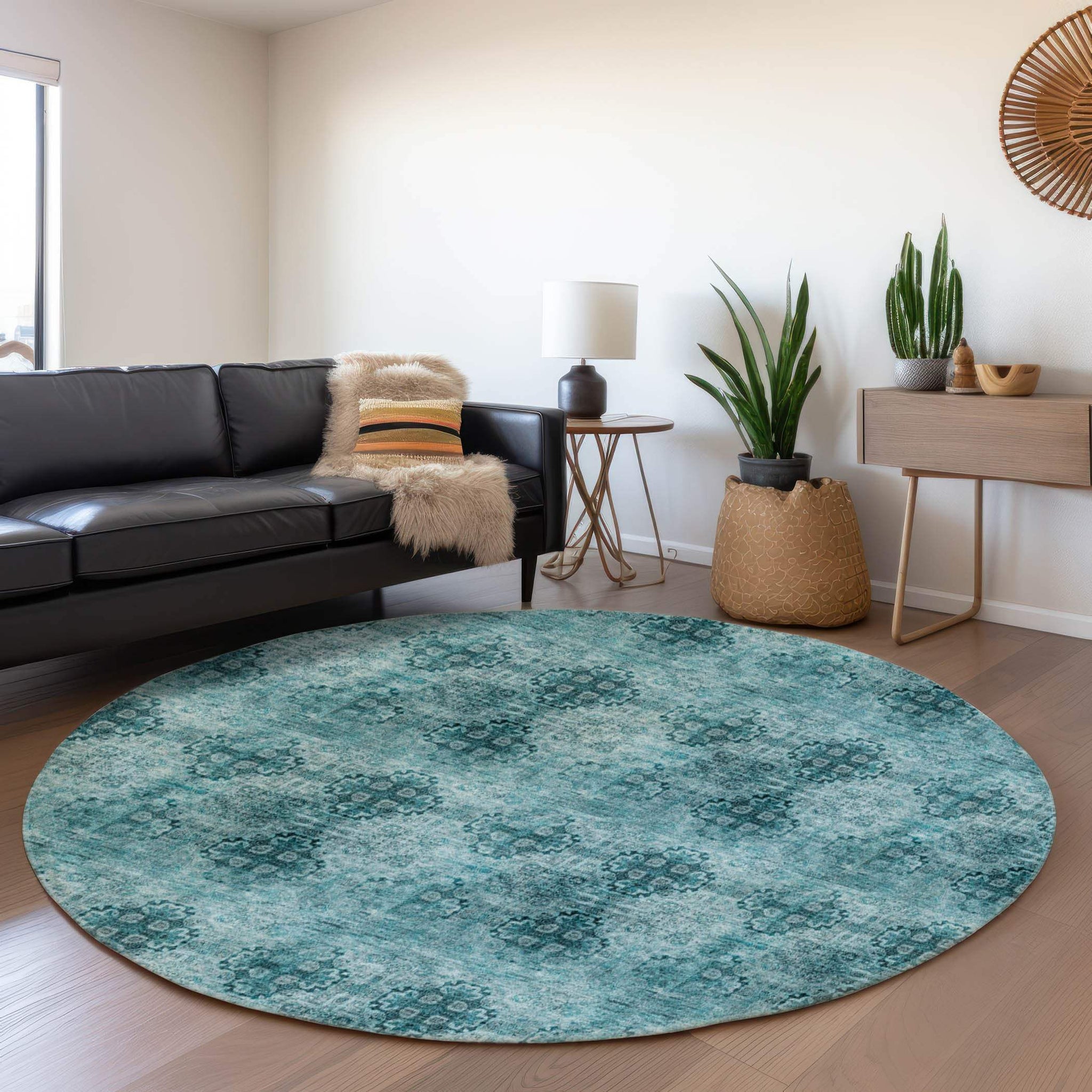 8' Teal And Ivory Floral Medallion Distressed Washable Round Rug With UV Protection - HomeRoots - Flyclothing LLC