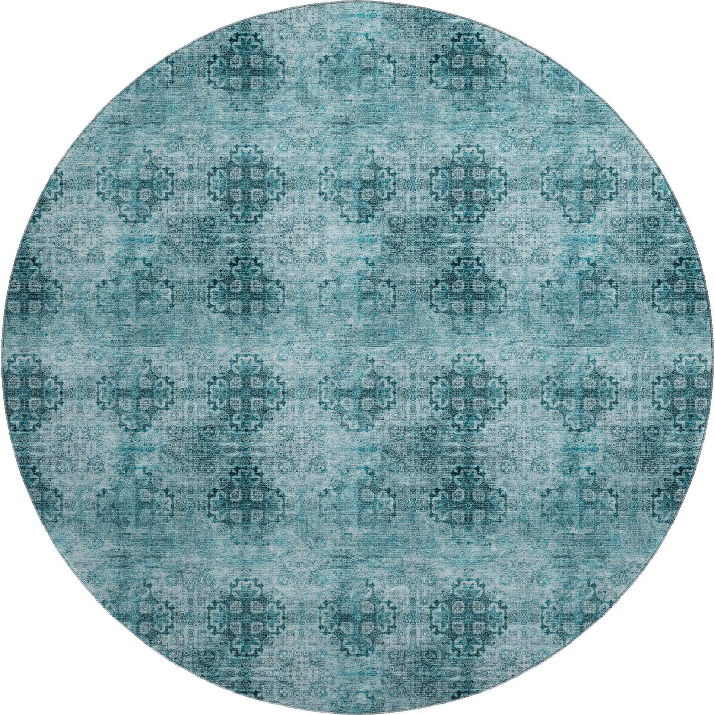 8' Teal And Ivory Floral Medallion Distressed Washable Round Rug With UV Protection - HomeRoots - Flyclothing LLC