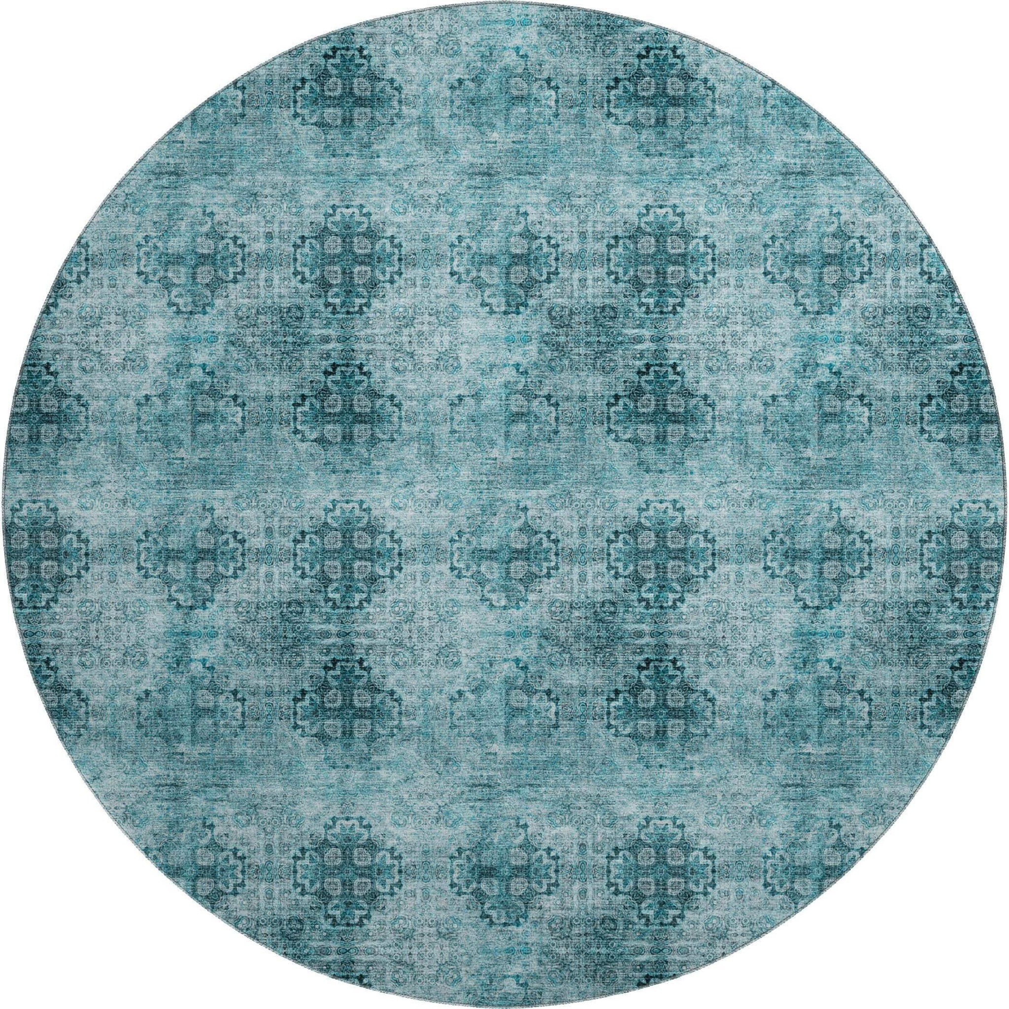 8' Teal And Ivory Floral Medallion Distressed Washable Round Rug With UV Protection - HomeRoots - Flyclothing LLC