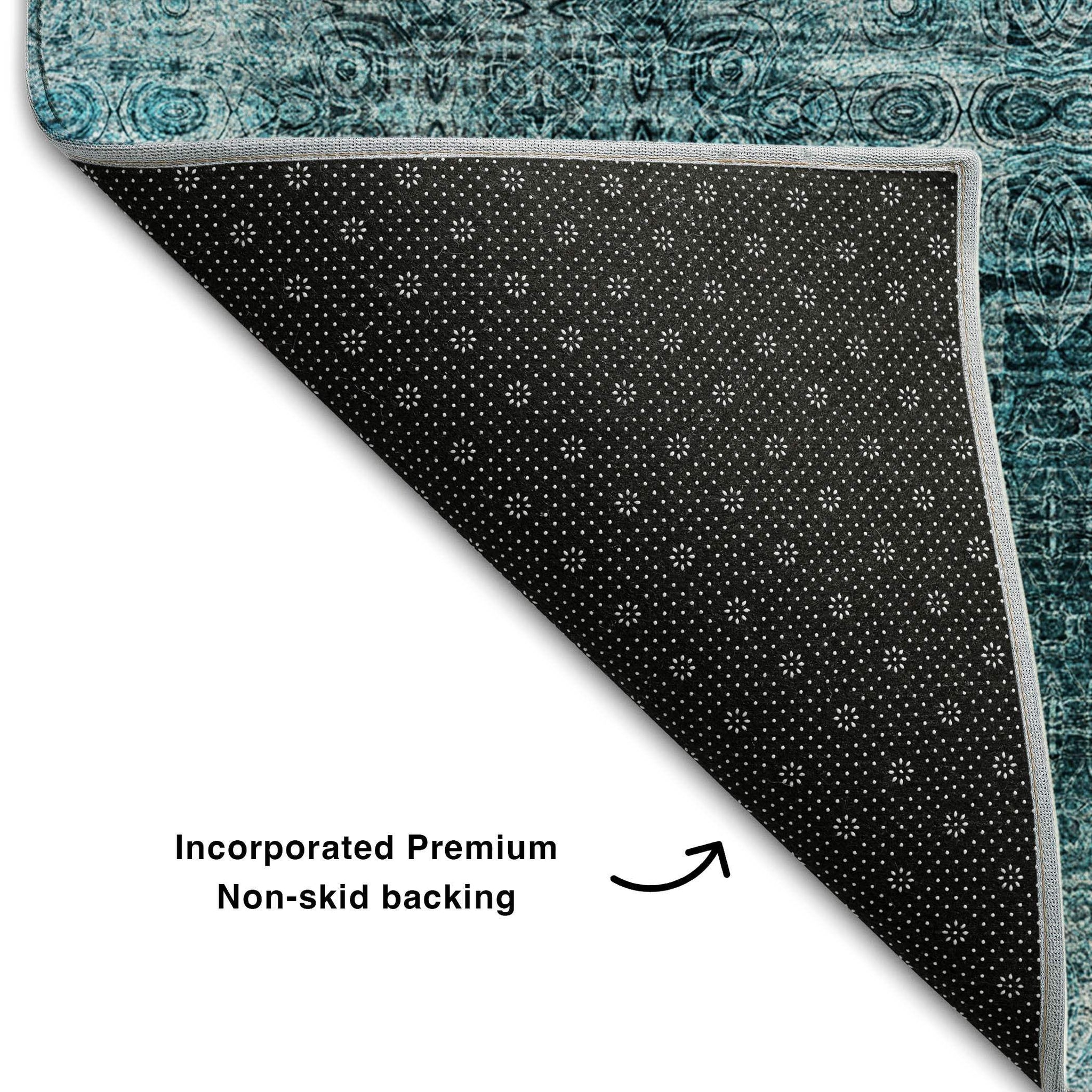 8' Teal And Ivory Floral Medallion Distressed Washable Round Rug With UV Protection - HomeRoots - Flyclothing LLC
