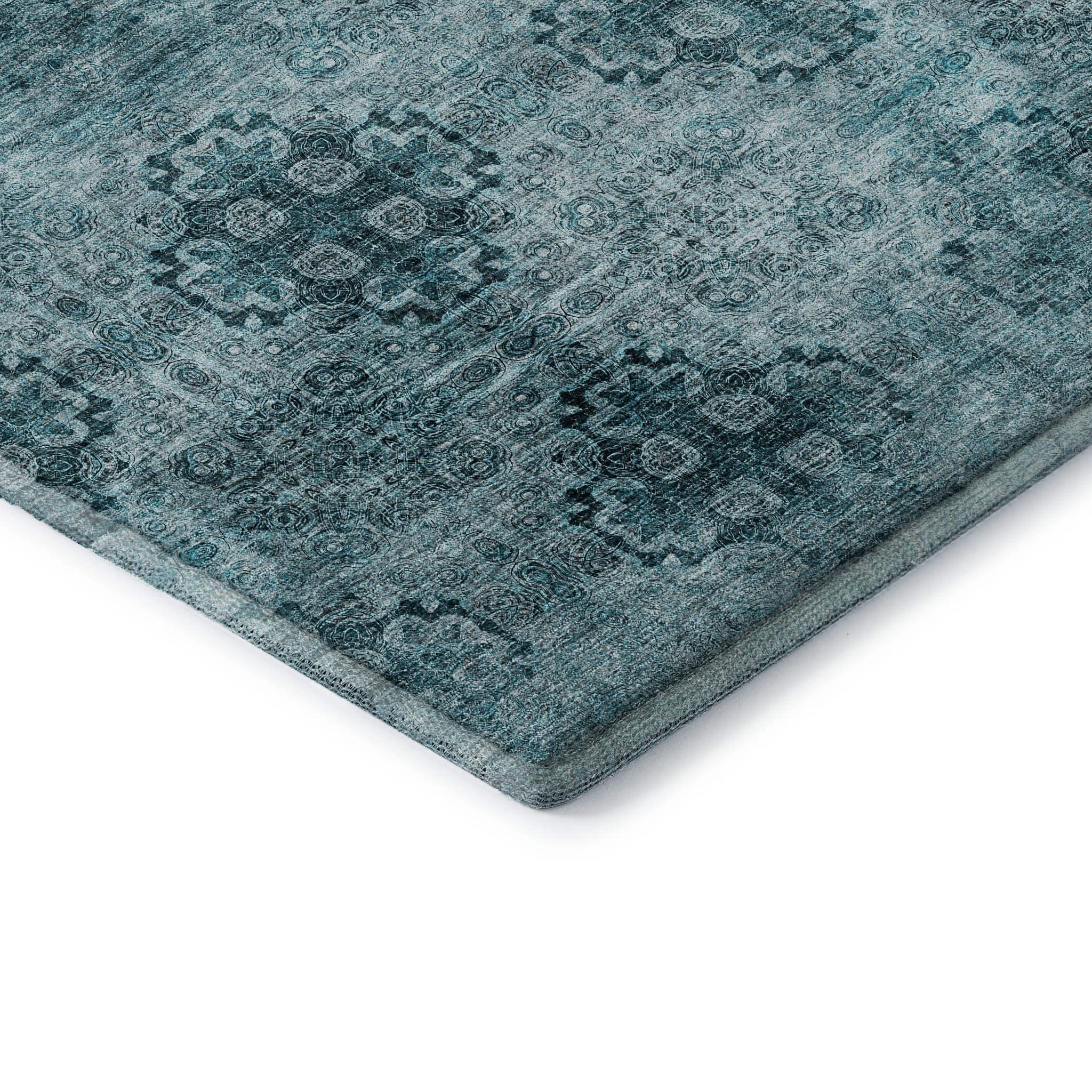 8' Teal And Ivory Floral Medallion Distressed Washable Round Rug With UV Protection - HomeRoots - Flyclothing LLC
