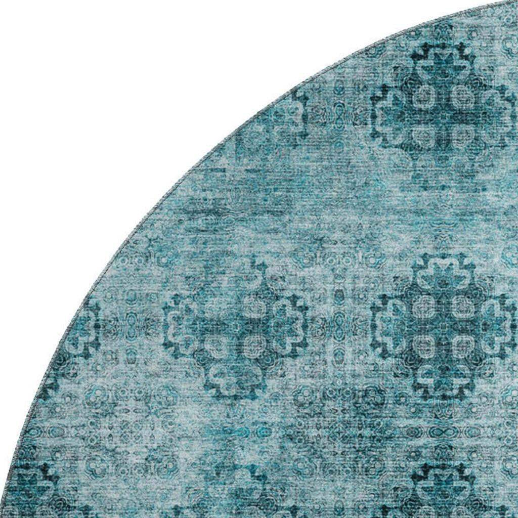 8' Teal And Ivory Floral Medallion Distressed Washable Round Rug With UV Protection - HomeRoots - Flyclothing LLC