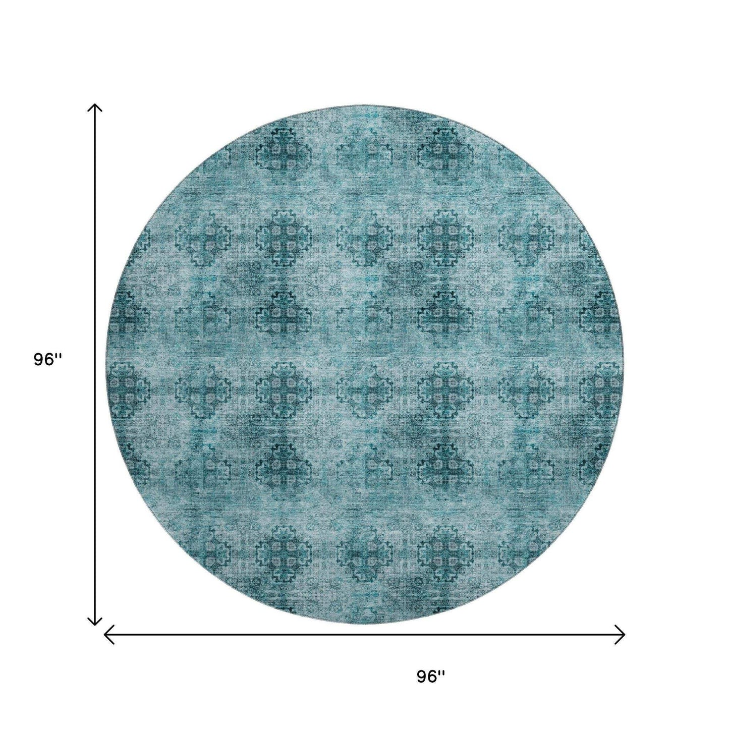 8' Teal And Ivory Floral Medallion Distressed Washable Round Rug With UV Protection - HomeRoots - Flyclothing LLC