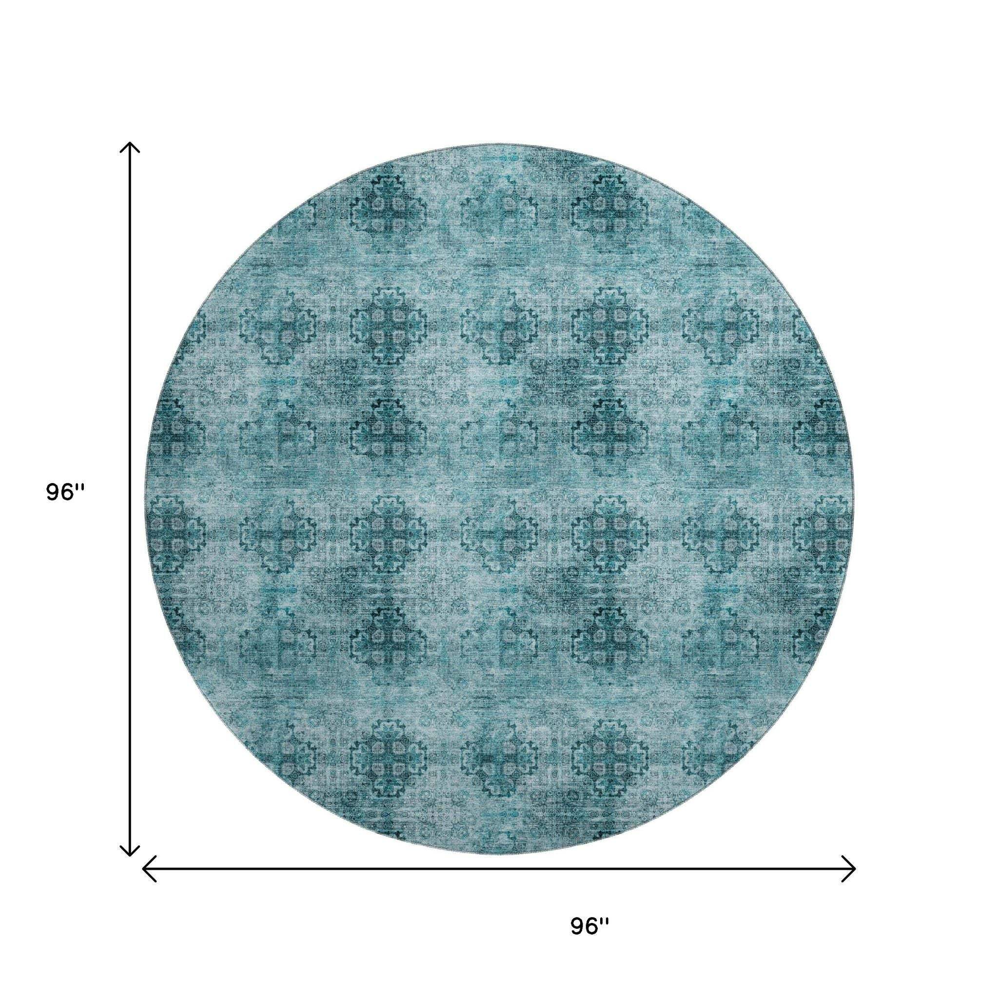 8' Teal And Ivory Floral Medallion Distressed Washable Round Rug With UV Protection - HomeRoots - Flyclothing LLC