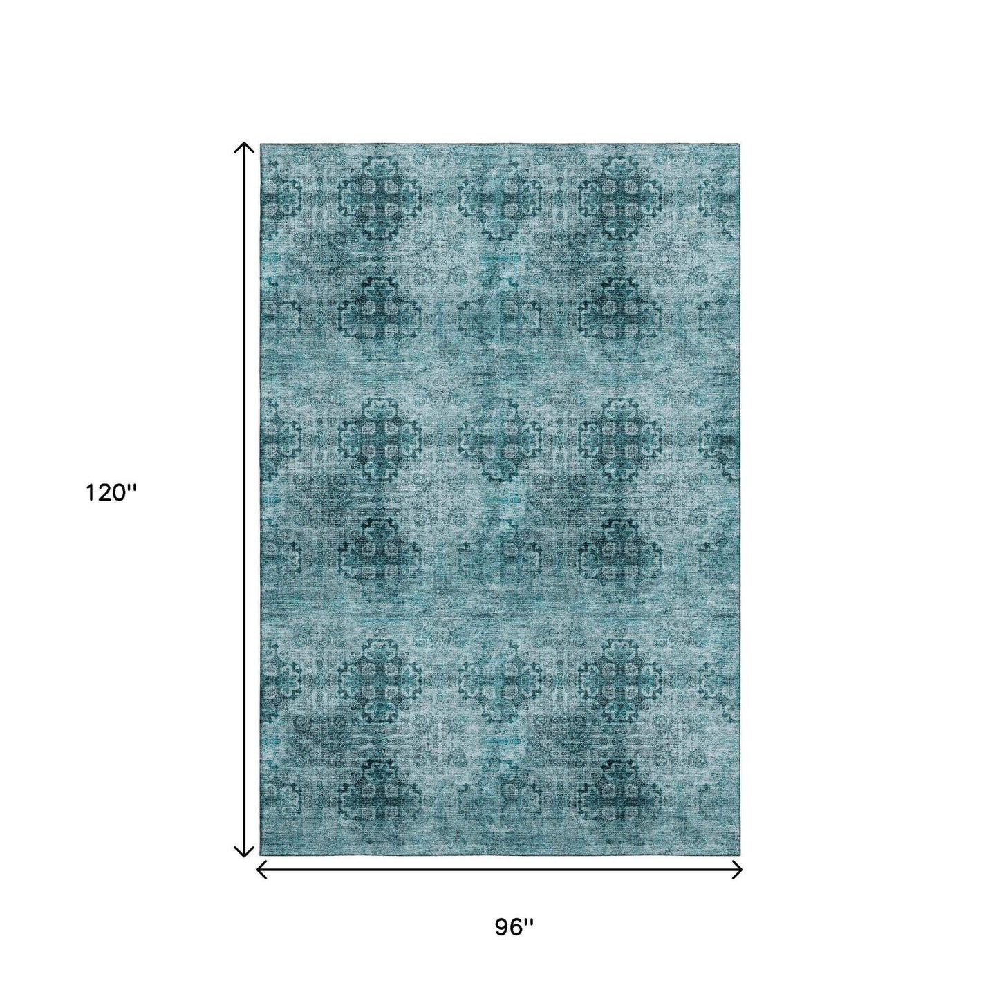 8' X 10' Teal And Ivory Floral Medallion Distressed Washable Area Rug With UV Protection - HomeRoots - Flyclothing LLC