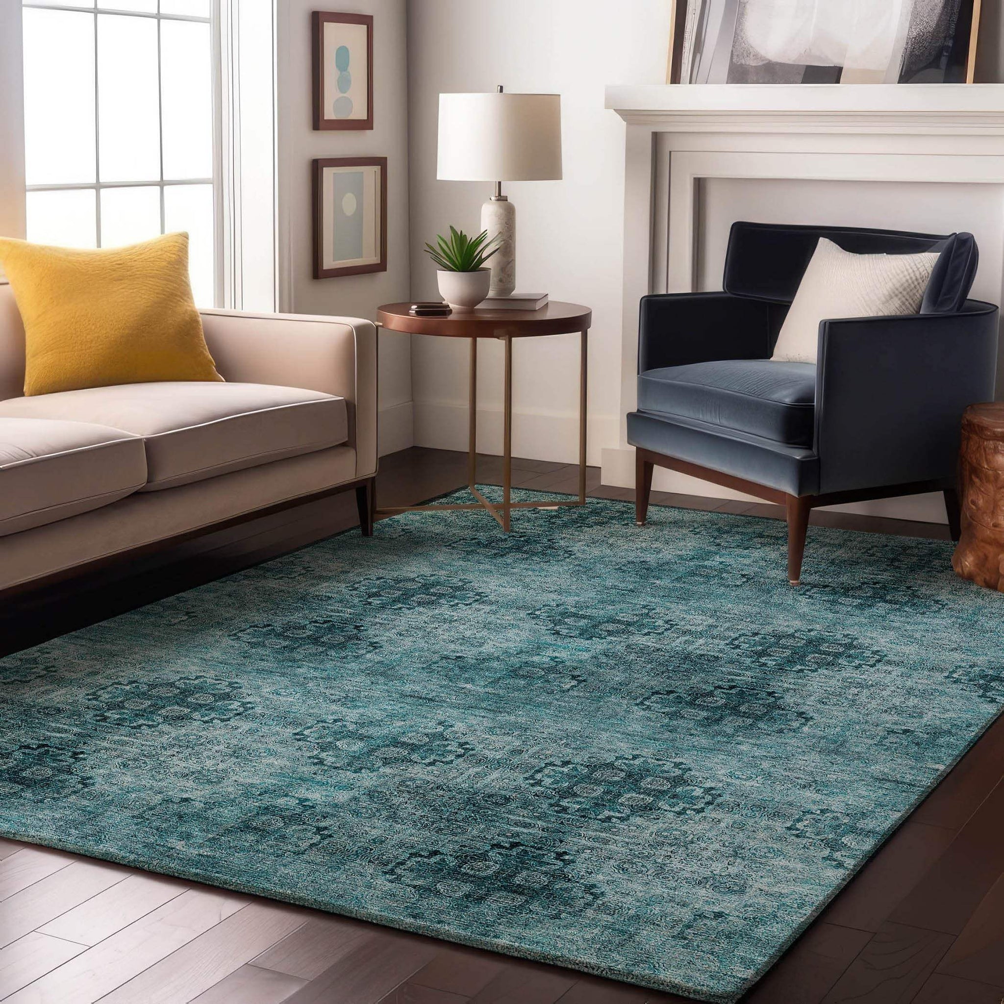 8' X 10' Teal And Ivory Floral Medallion Distressed Washable Area Rug With UV Protection - HomeRoots - Flyclothing LLC