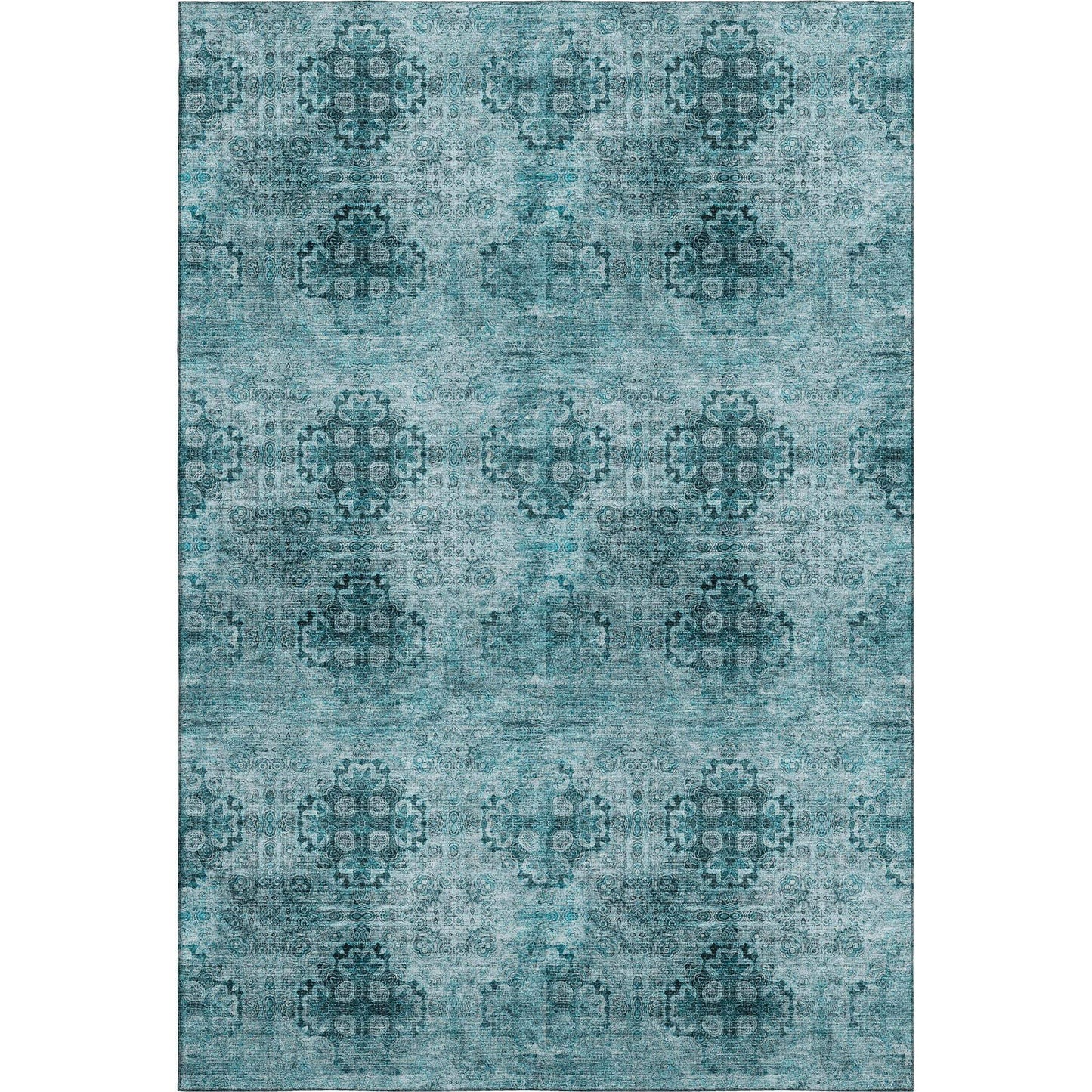 8' X 10' Teal And Ivory Floral Medallion Distressed Washable Area Rug With UV Protection - HomeRoots - Flyclothing LLC