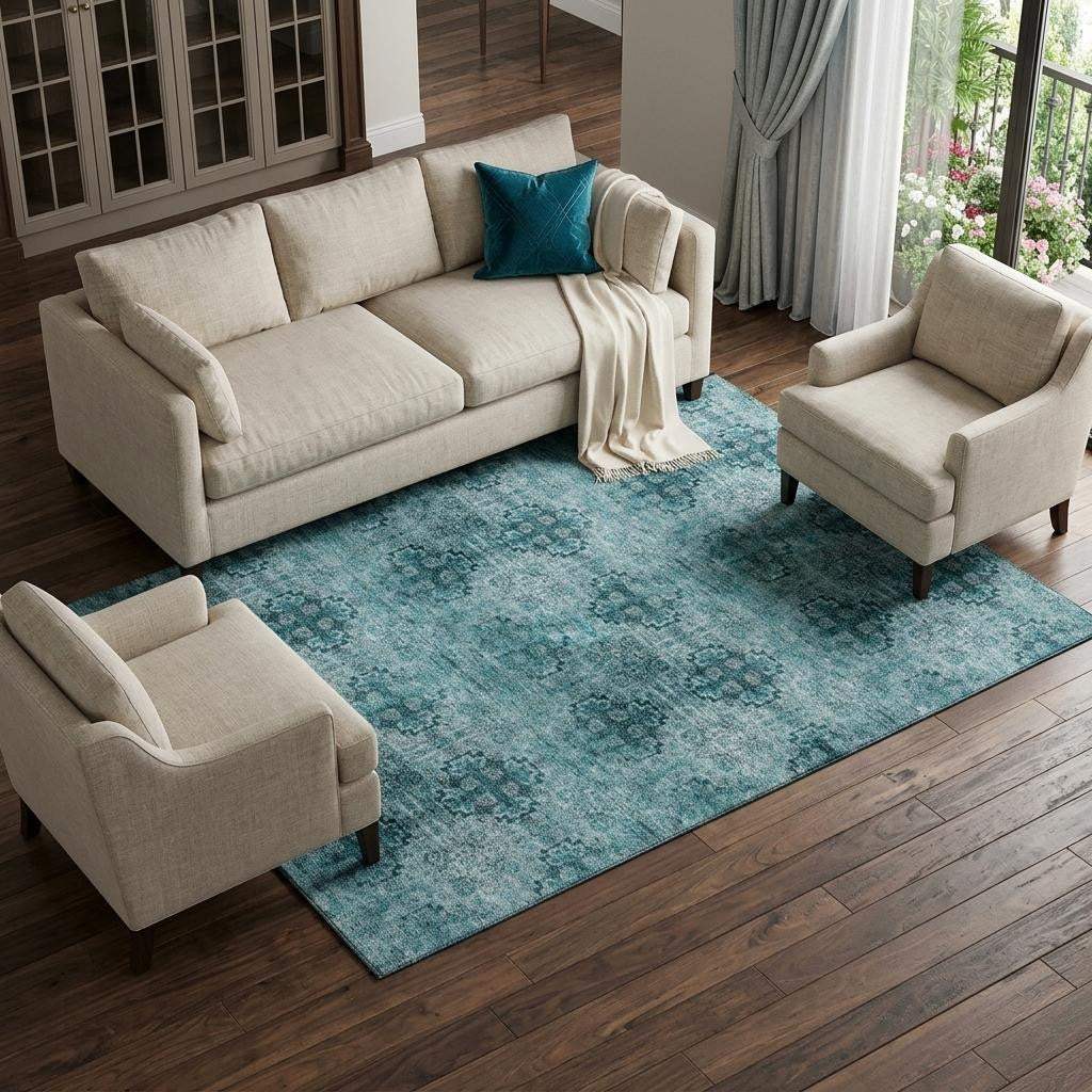 8' X 10' Teal And Ivory Floral Medallion Distressed Washable Area Rug With UV Protection - HomeRoots - Flyclothing LLC