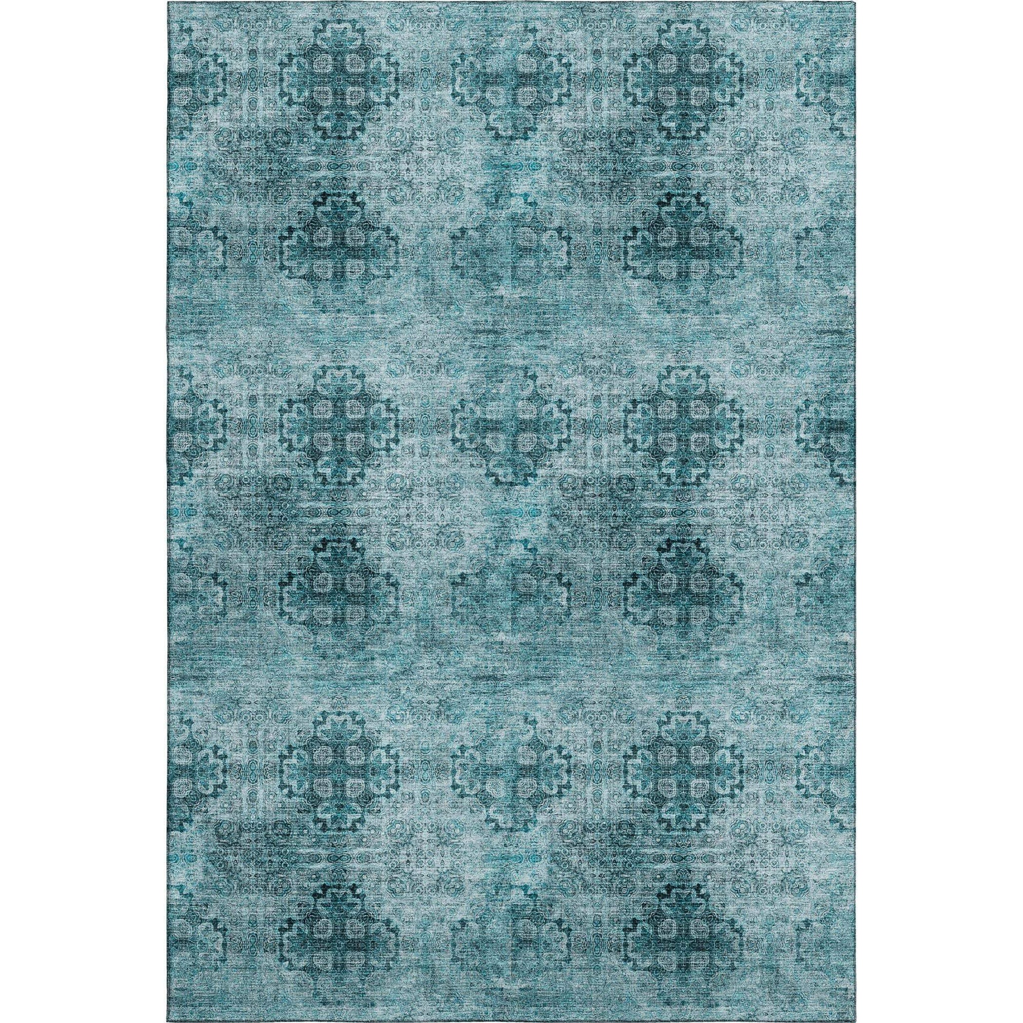 9' X 12' Teal And Ivory Floral Medallion Distressed Washable Area Rug With UV Protection - HomeRoots - Flyclothing LLC