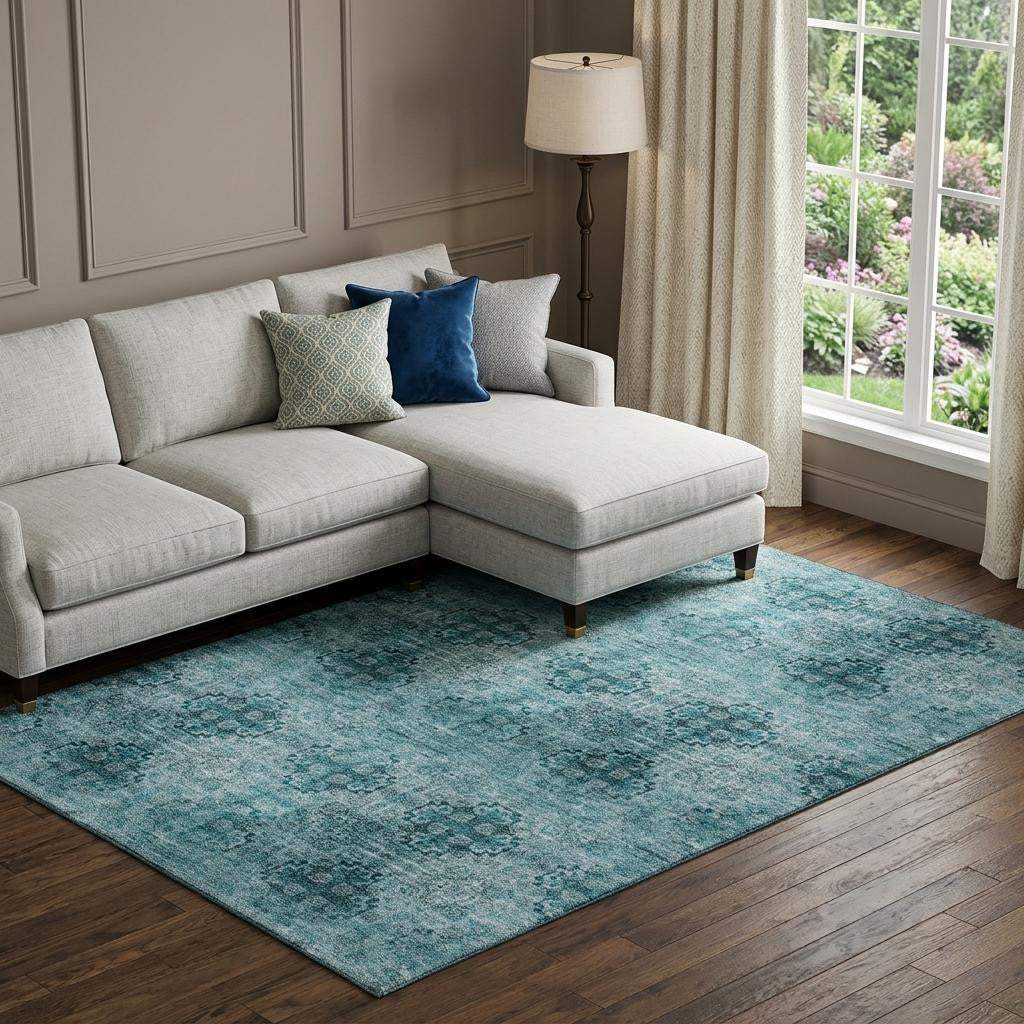 9' X 12' Teal And Ivory Floral Medallion Distressed Washable Area Rug With UV Protection - HomeRoots - Flyclothing LLC