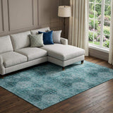 9' X 12' Teal And Ivory Floral Medallion Distressed Washable Area Rug With UV Protection - HomeRoots - Flyclothing LLC