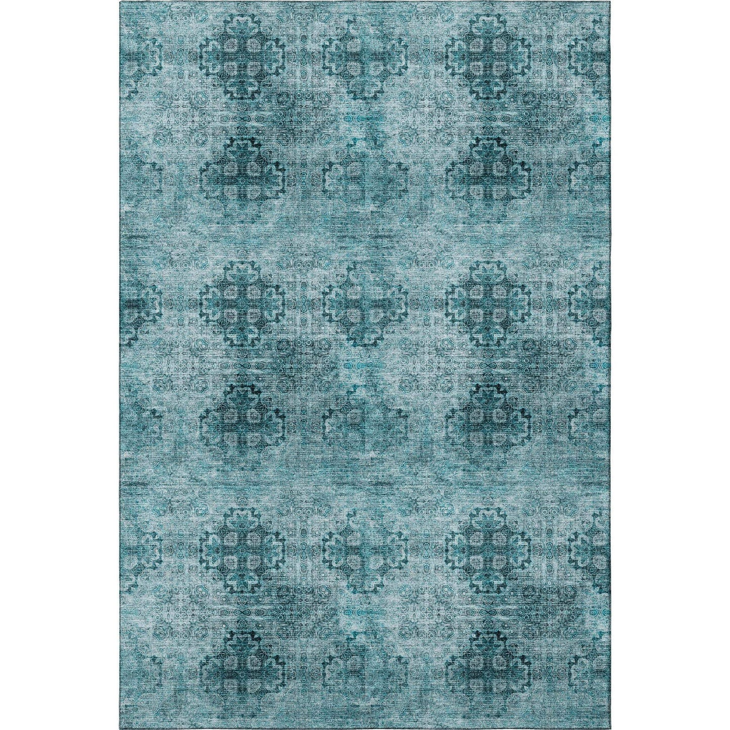 9' X 12' Teal And Ivory Floral Medallion Distressed Washable Area Rug With UV Protection - HomeRoots - Flyclothing LLC