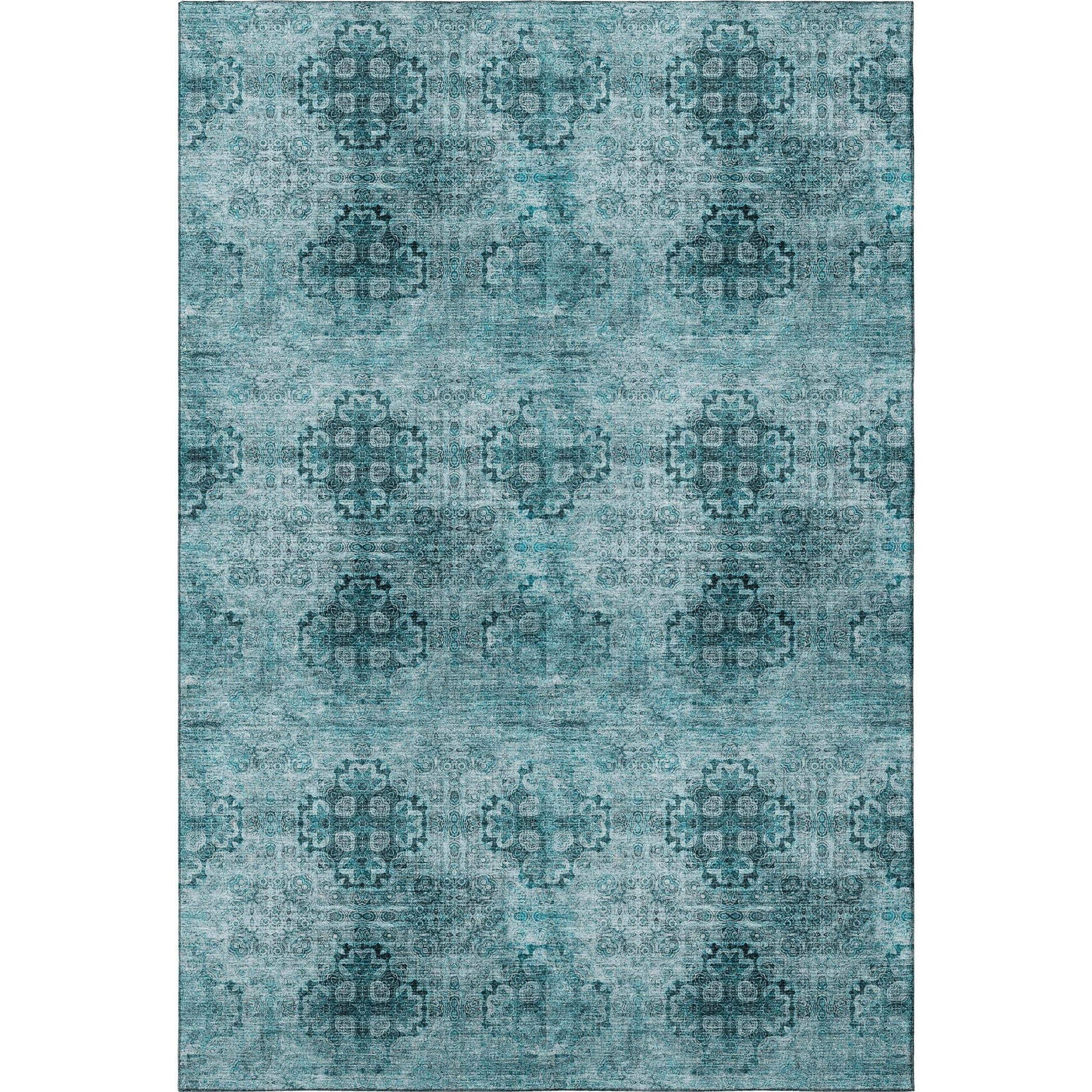 9' X 12' Teal And Ivory Floral Medallion Distressed Washable Area Rug With UV Protection - HomeRoots - Flyclothing LLC
