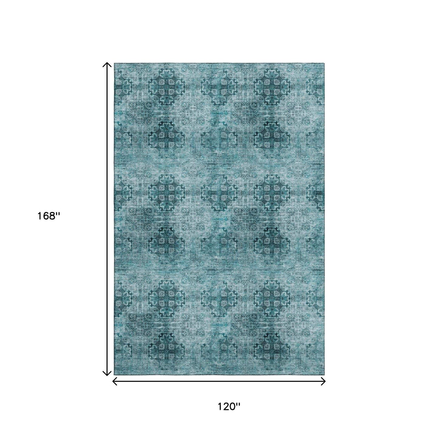 10' X 14' Teal And Ivory Floral Medallion Distressed Washable Area Rug With UV Protection - HomeRoots - Flyclothing LLC