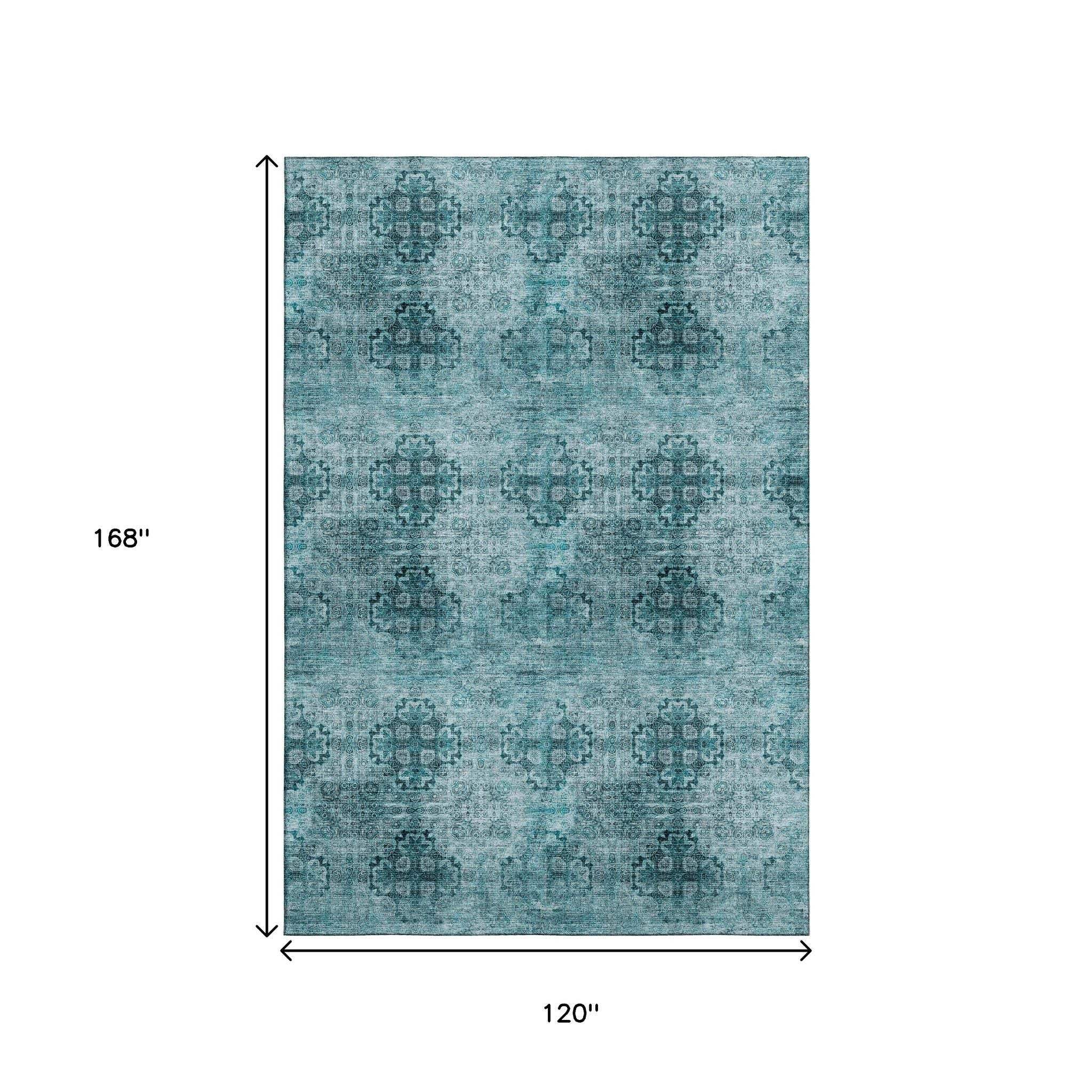 10' X 14' Teal And Ivory Floral Medallion Distressed Washable Area Rug With UV Protection - HomeRoots - Flyclothing LLC