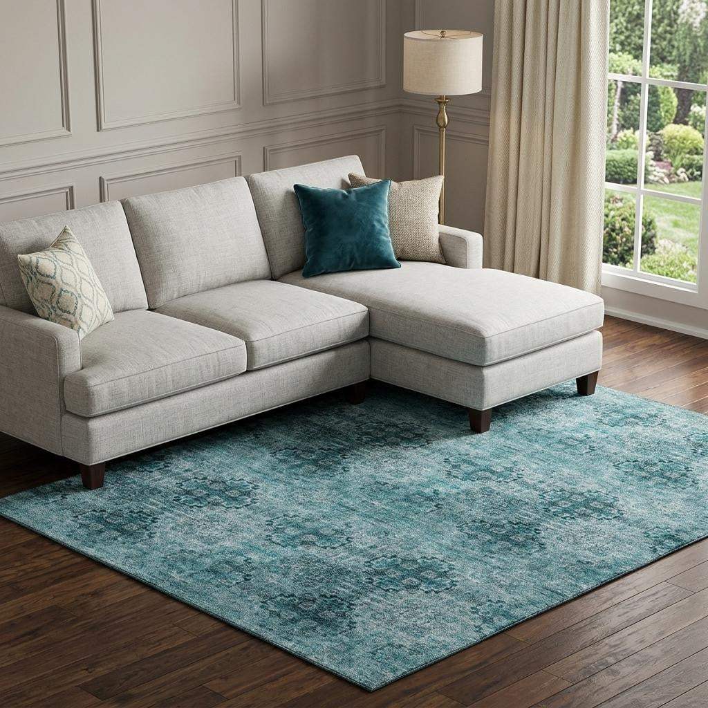 10' X 14' Teal And Ivory Floral Medallion Distressed Washable Area Rug With UV Protection - HomeRoots - Flyclothing LLC