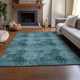 10' X 14' Teal And Ivory Floral Medallion Distressed Washable Area Rug With UV Protection - HomeRoots - Flyclothing LLC