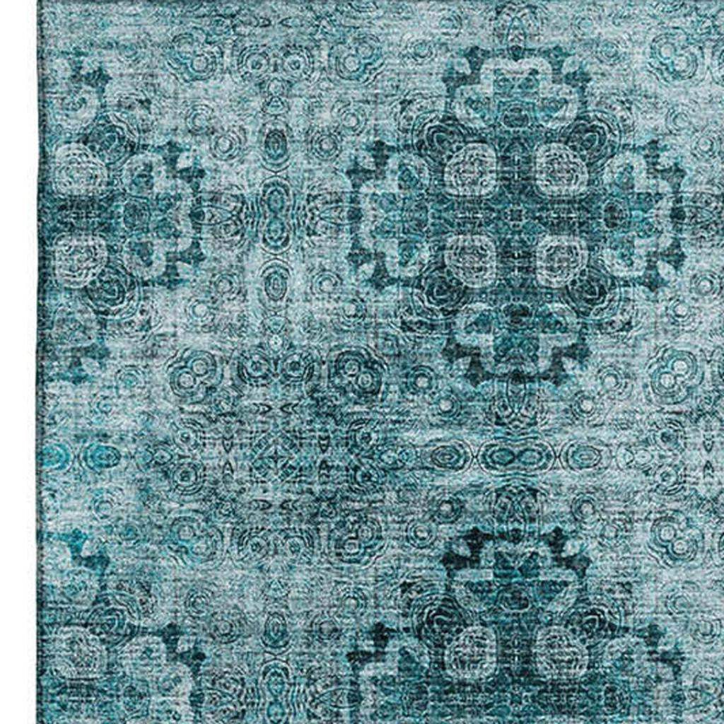 10' X 14' Teal And Ivory Floral Medallion Distressed Washable Area Rug With UV Protection - HomeRoots - Flyclothing LLC
