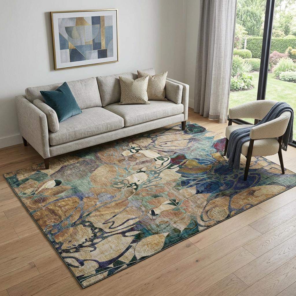 5' X 8' Beige Blue And Purple Abstract Distressed Washable Area Rug With UV Protection - HomeRoots - Flyclothing LLC