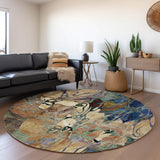 8' Beige Blue And Purple Abstract Distressed Washable Round Rug With UV Protection - HomeRoots - Flyclothing LLC