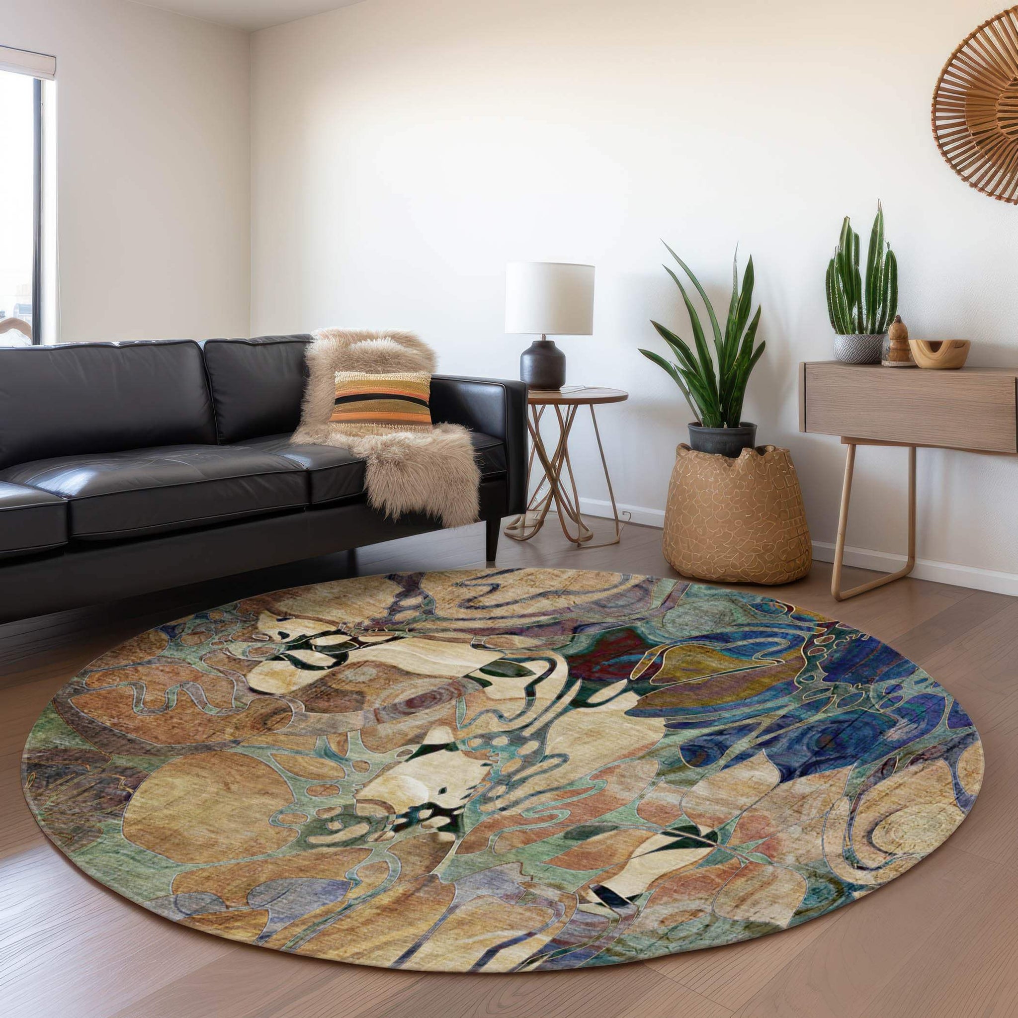 8' Beige Blue And Purple Abstract Distressed Washable Round Rug With UV Protection - HomeRoots - Flyclothing LLC