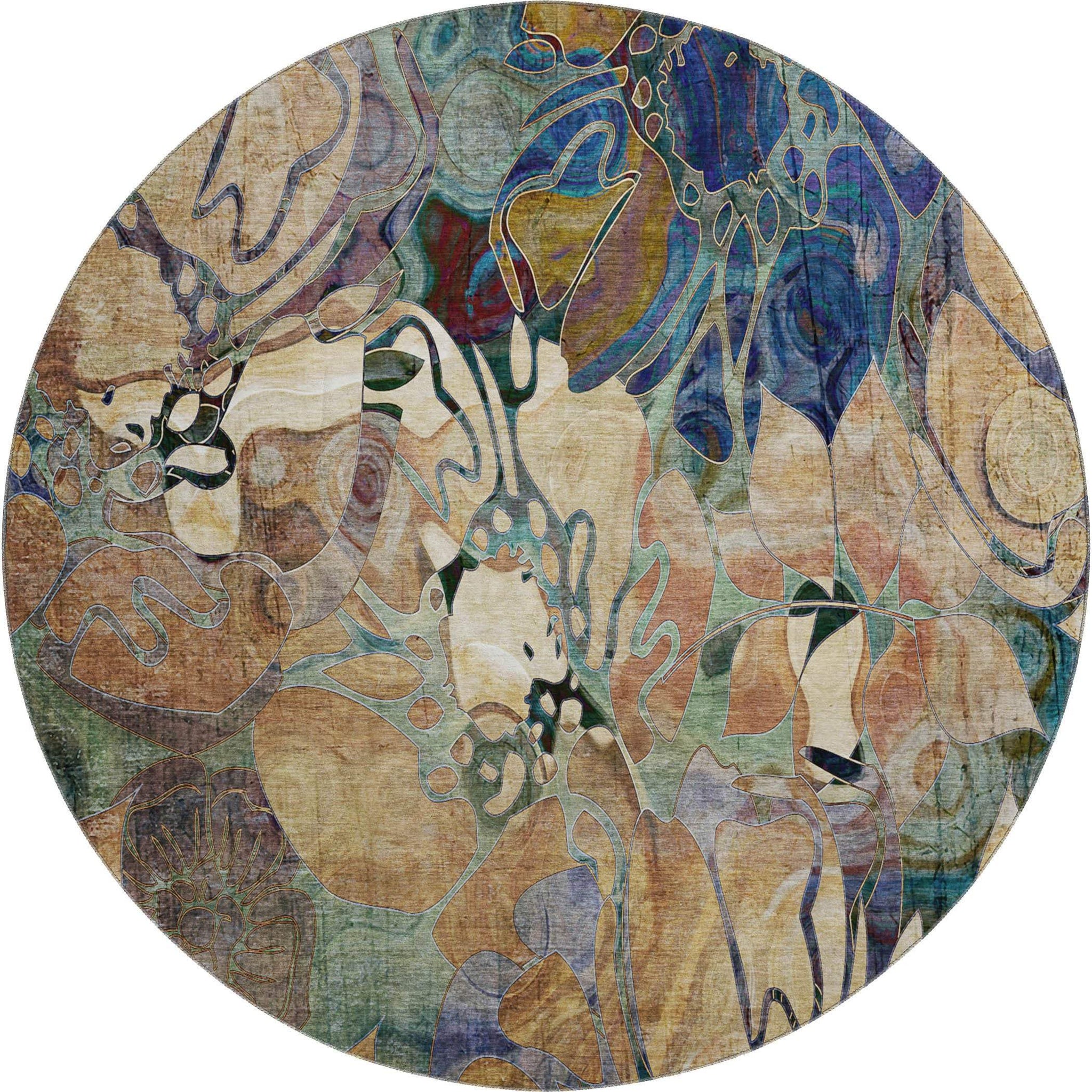 8' Beige Blue And Purple Abstract Distressed Washable Round Rug With UV Protection - HomeRoots - Flyclothing LLC