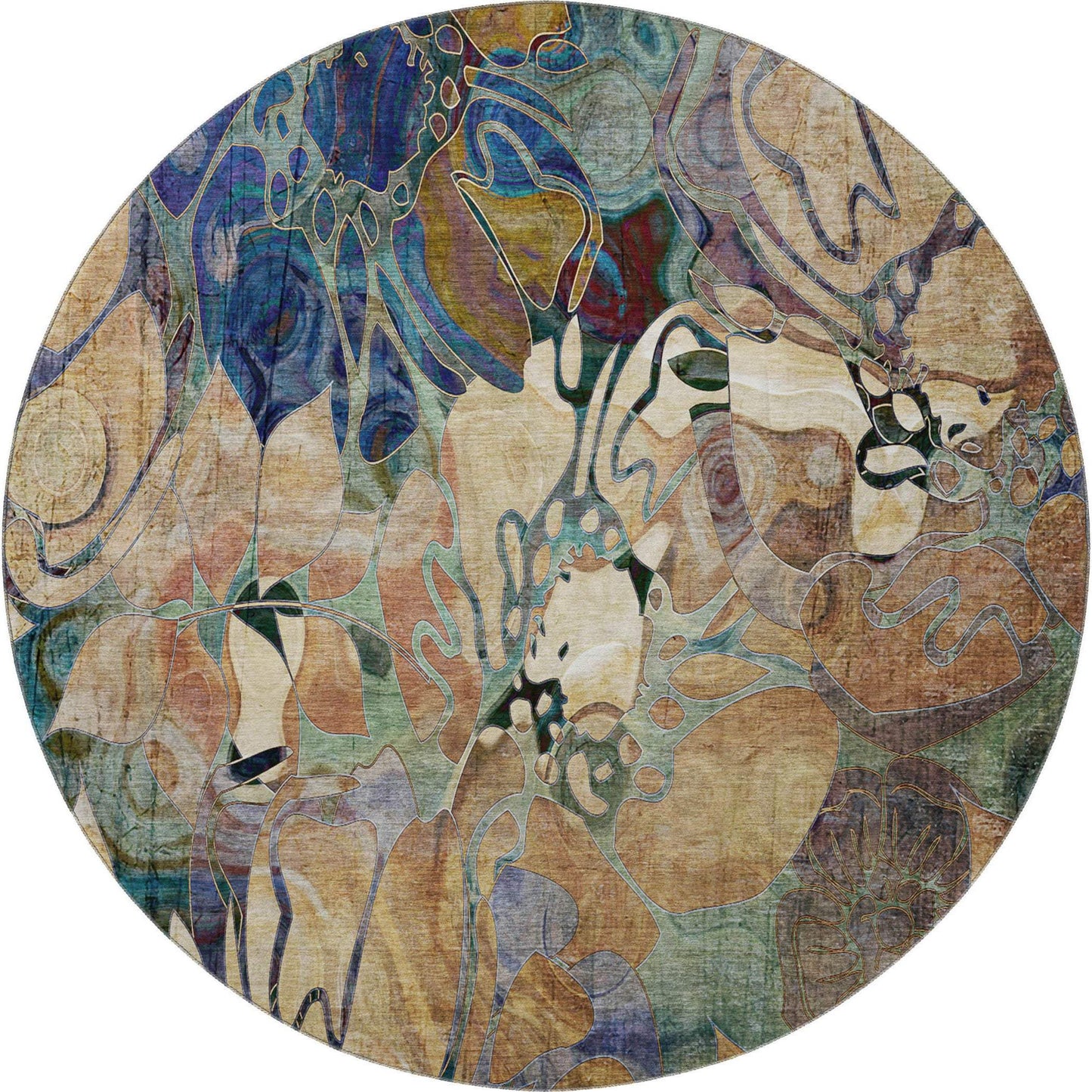 8' Beige Blue And Purple Abstract Distressed Washable Round Rug With UV Protection - HomeRoots - Flyclothing LLC