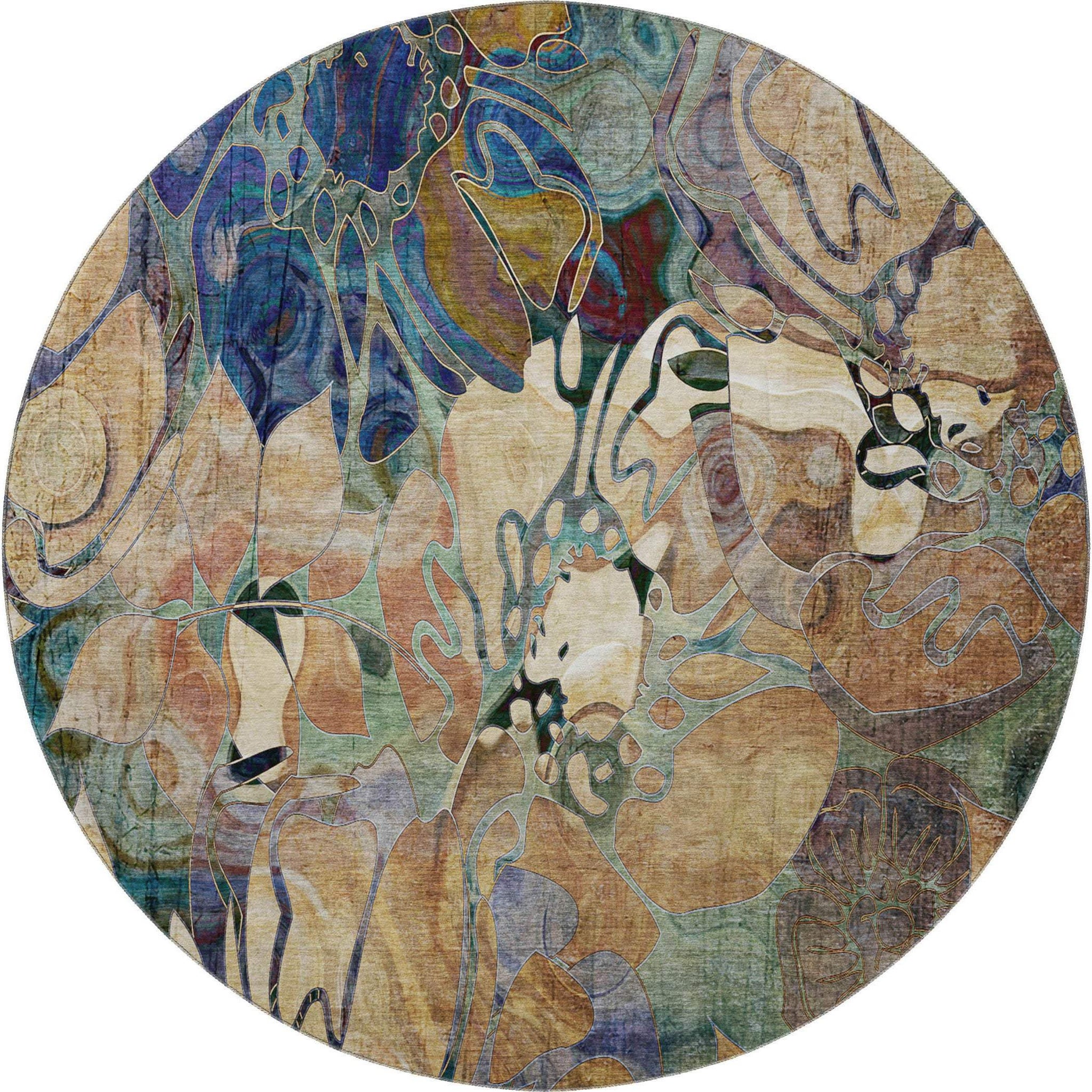 8' Beige Blue And Purple Abstract Distressed Washable Round Rug With UV Protection - HomeRoots - Flyclothing LLC