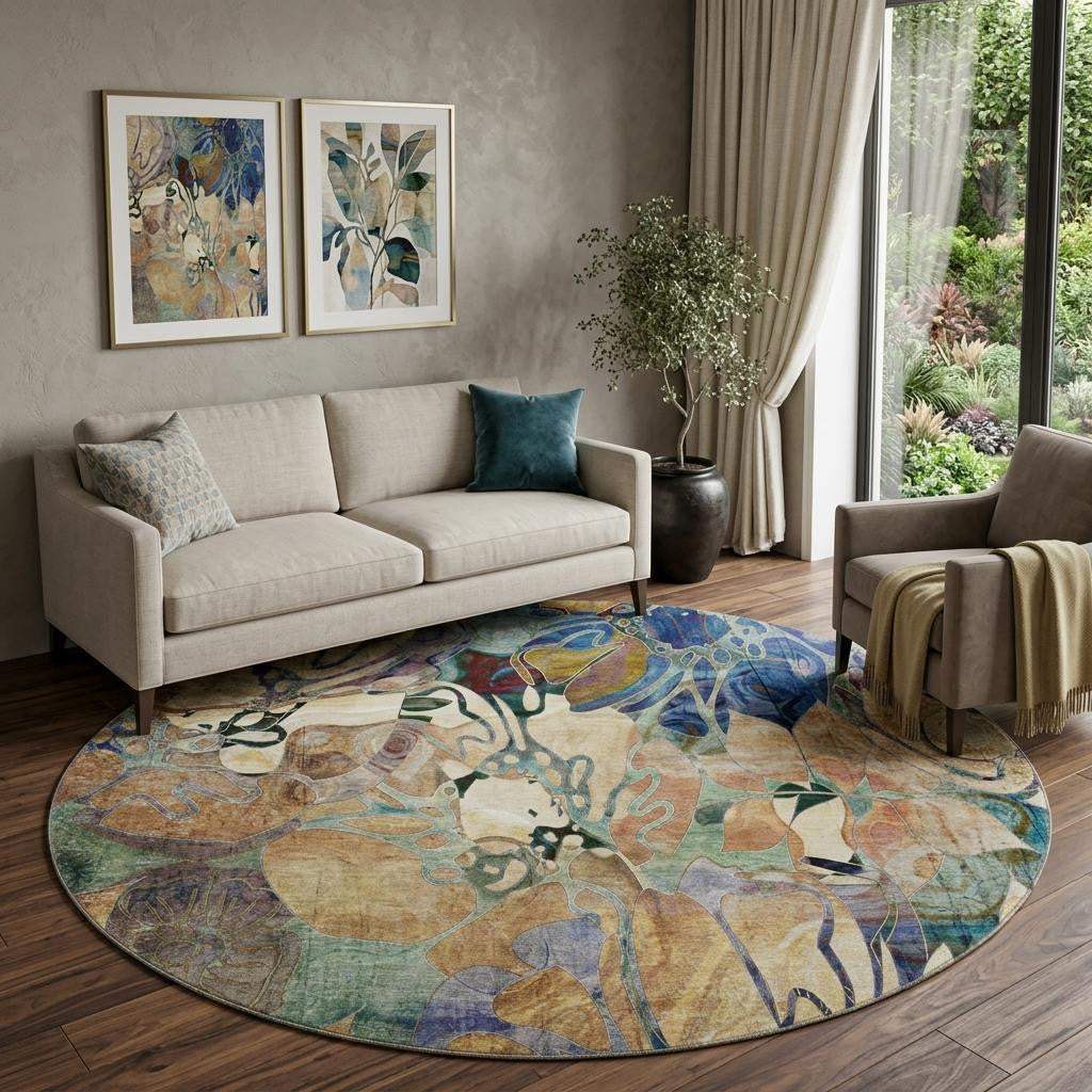 8' Beige Blue And Purple Abstract Distressed Washable Round Rug With UV Protection - HomeRoots - Flyclothing LLC