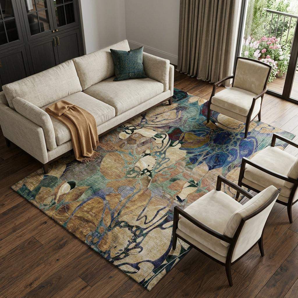 8' X 10' Beige Blue And Purple Abstract Distressed Washable Area Rug With UV Protection - HomeRoots - Flyclothing LLC