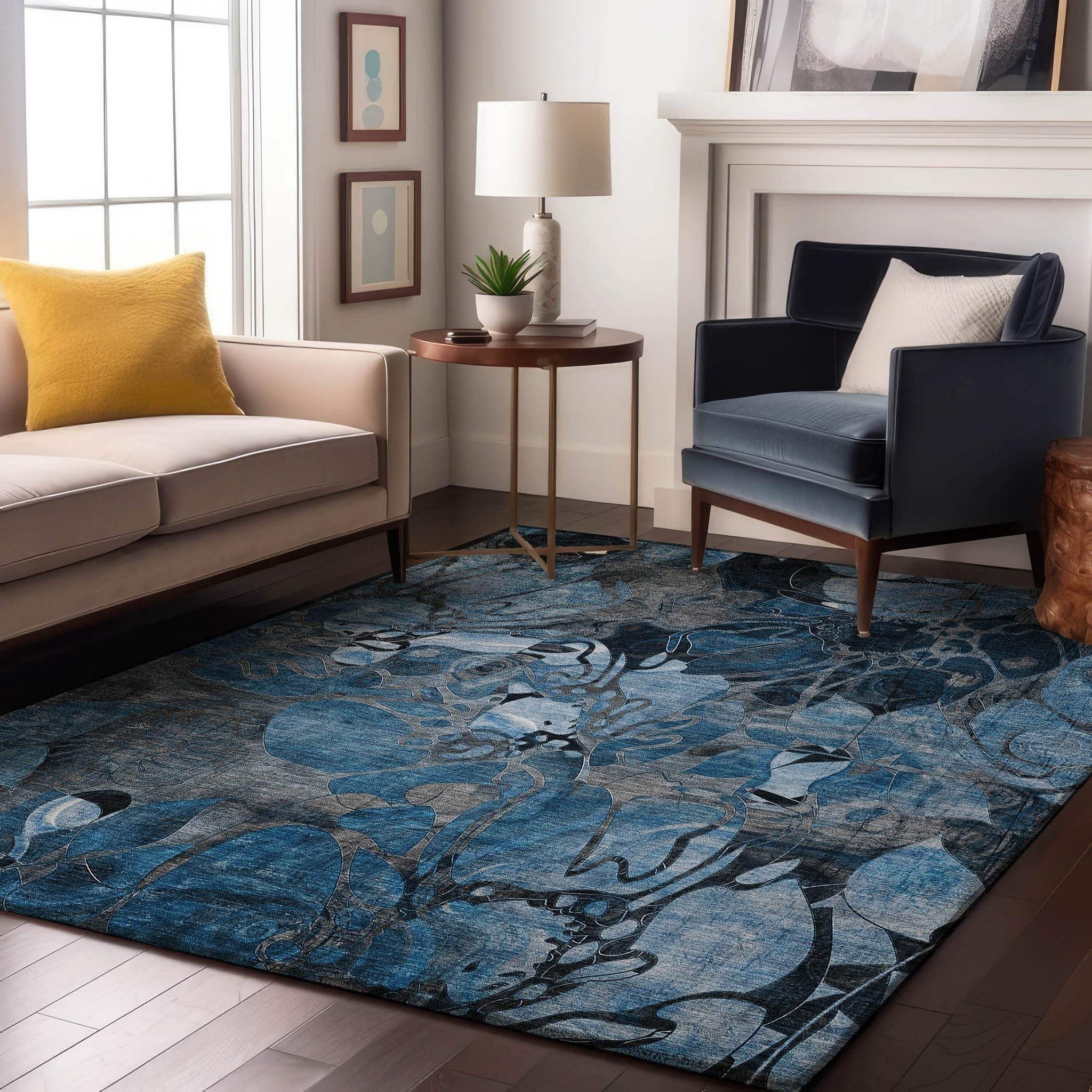 3' X 5' Blue Ivory And Gray Abstract Distressed Washable Area Rug With UV Protection - HomeRoots - Flyclothing LLC