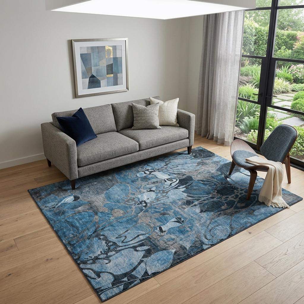 5' X 8' Blue Ivory And Gray Abstract Distressed Washable Area Rug With UV Protection - HomeRoots - Flyclothing LLC