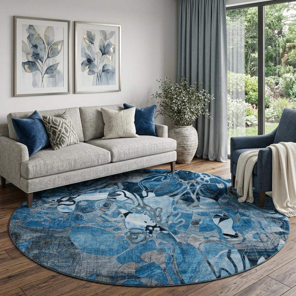 8' Blue Ivory And Gray Abstract Distressed Washable Round Rug With UV Protection - HomeRoots - Flyclothing LLC
