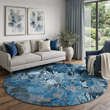 8' Blue Ivory And Gray Abstract Distressed Washable Round Rug With UV Protection - HomeRoots - Flyclothing LLC