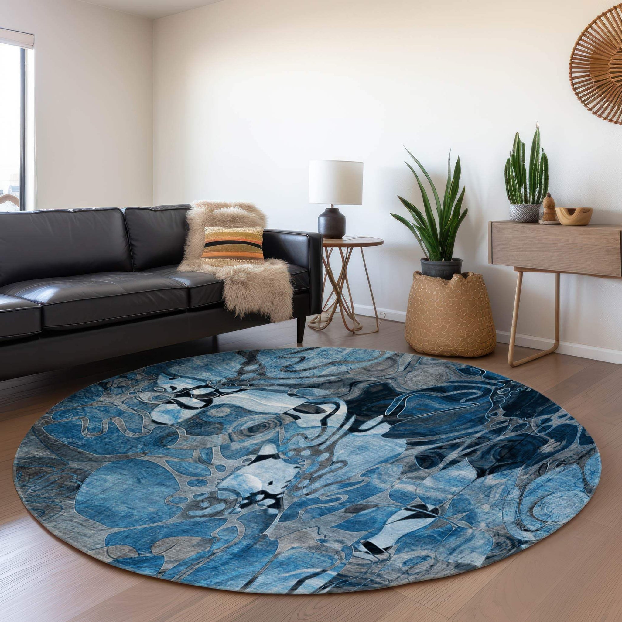 8' Blue Ivory And Gray Abstract Distressed Washable Round Rug With UV Protection - HomeRoots - Flyclothing LLC