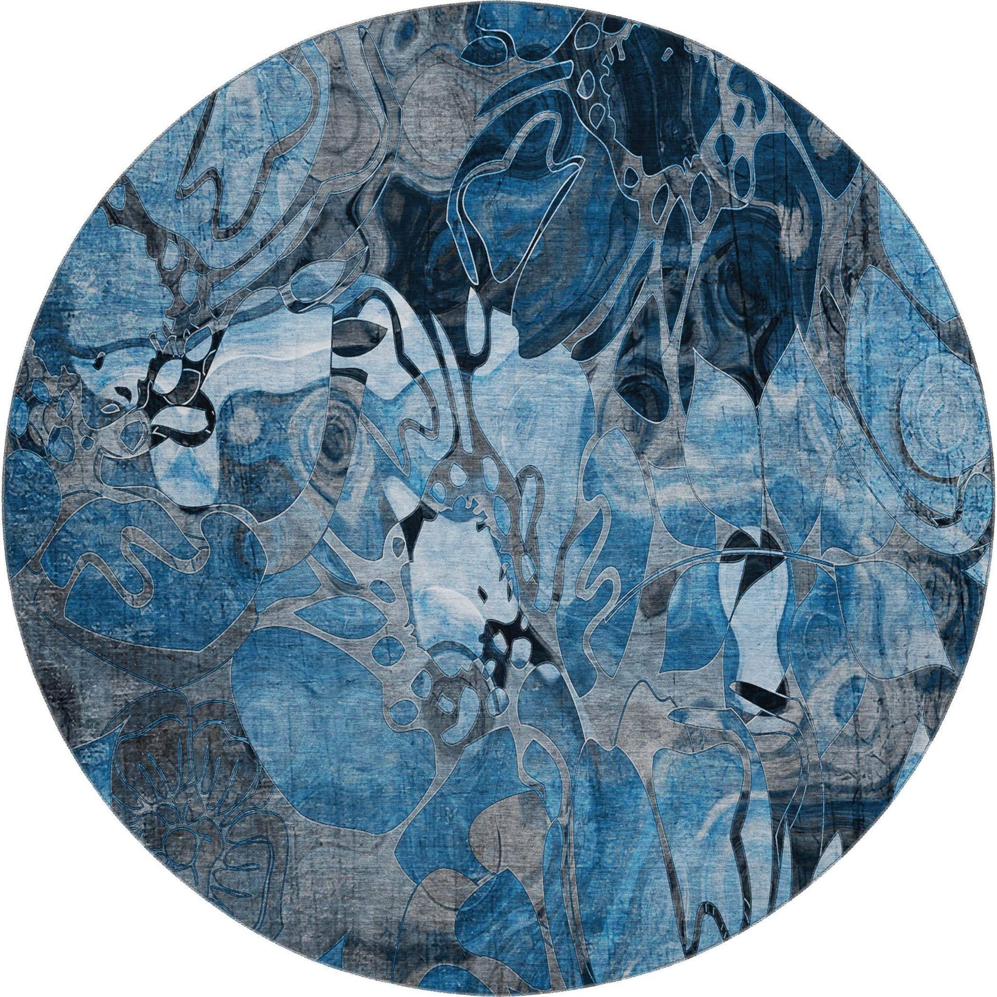 8' Blue Ivory And Gray Abstract Distressed Washable Round Rug With UV Protection - HomeRoots - Flyclothing LLC