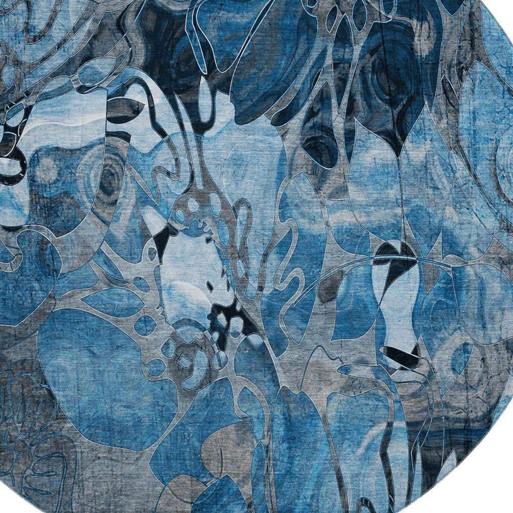 8' Blue Ivory And Gray Abstract Distressed Washable Round Rug With UV Protection - HomeRoots - Flyclothing LLC