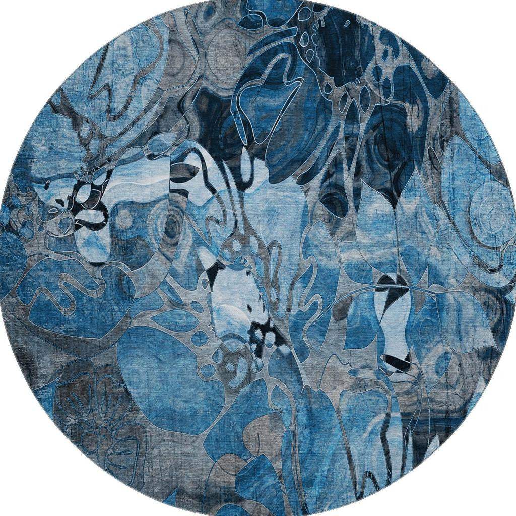 8' Blue Ivory And Gray Abstract Distressed Washable Round Rug With UV Protection - HomeRoots - Flyclothing LLC