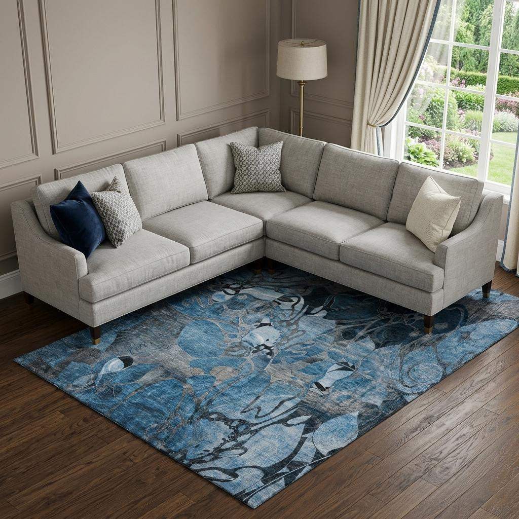 8' X 10' Blue Ivory And Gray Abstract Distressed Washable Area Rug With UV Protection - HomeRoots - Flyclothing LLC