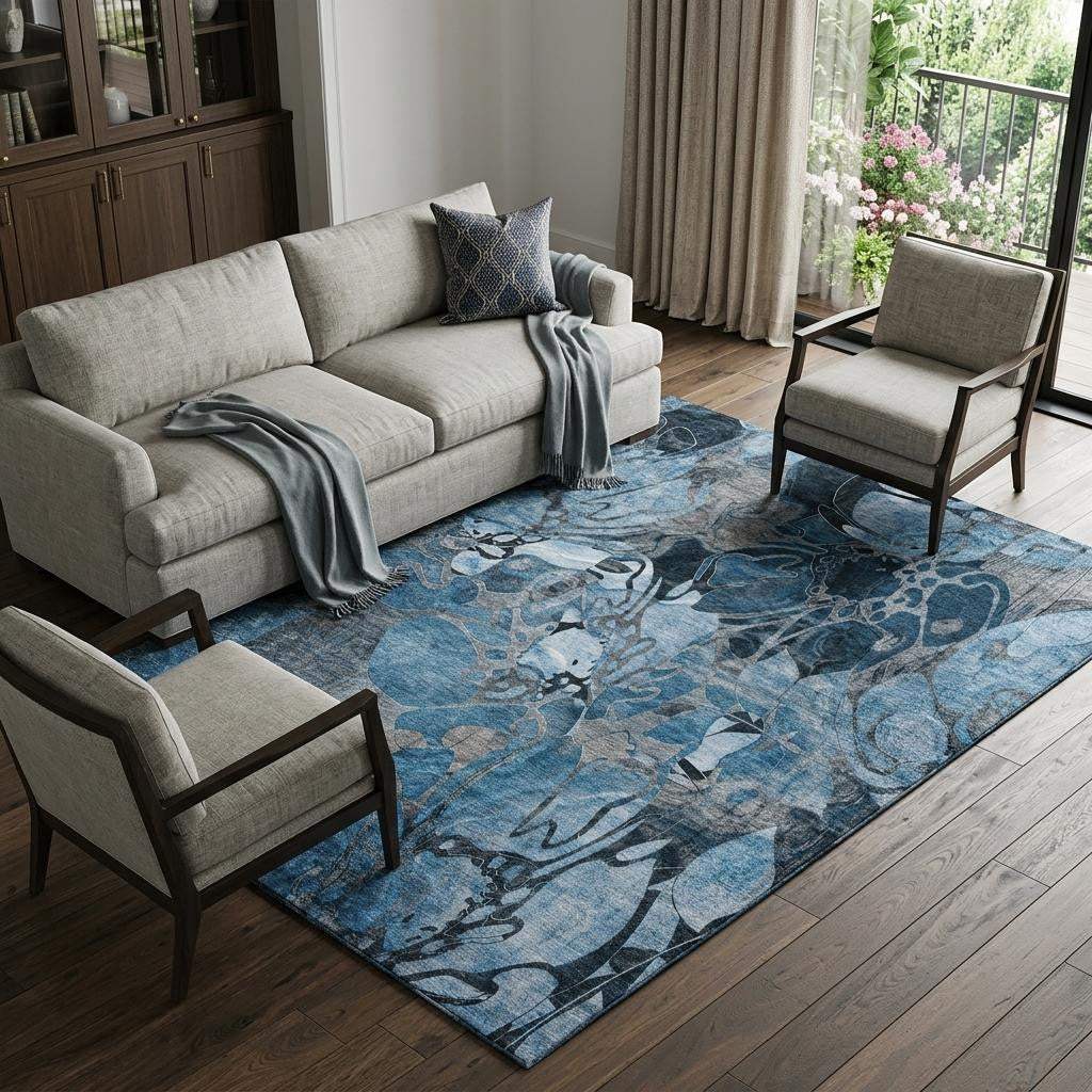 9' X 12' Blue Ivory And Gray Abstract Distressed Washable Area Rug With UV Protection - HomeRoots - Flyclothing LLC