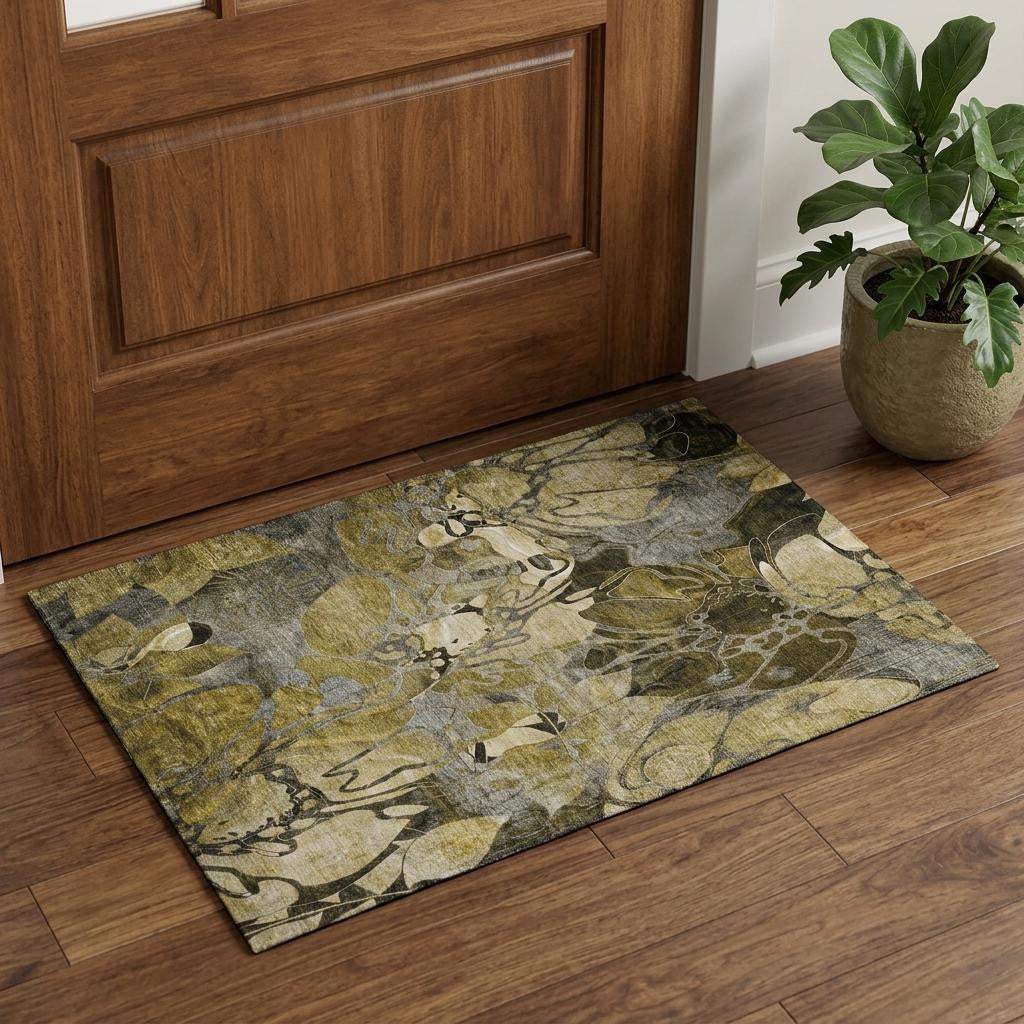 3' X 5' Brown Beige And Gold Abstract Distressed Washable Area Rug With UV Protection - HomeRoots - Flyclothing LLC
