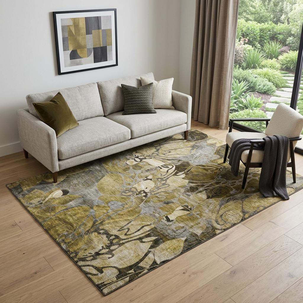 5' X 8' Brown Beige And Gold Abstract Distressed Washable Area Rug With UV Protection - HomeRoots - Flyclothing LLC